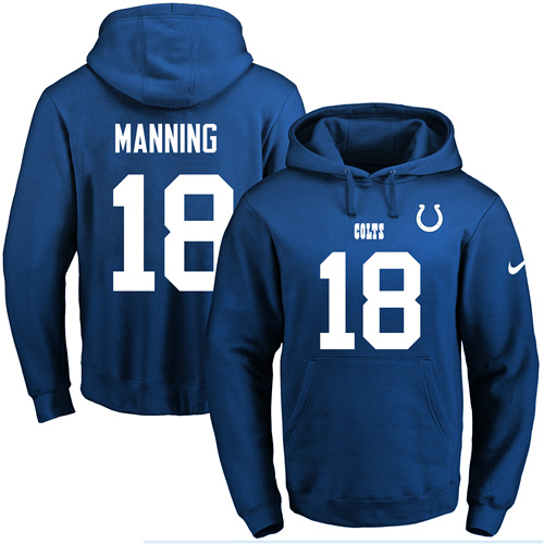 Nike Colts #18 Peyton Manning Royal Blue Name & Number Pullover NFL Hoodie - Click Image to Close